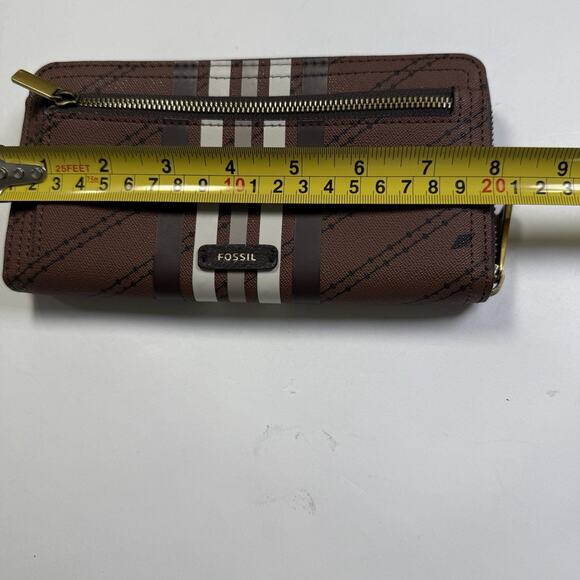 Fossil Logan RFID Stripe Zip Around Wallet Full Size Brown Black Logo Neutral - Picture 12 of 13